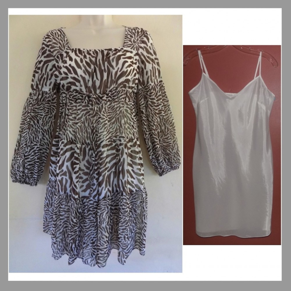 Michael Kors Animal print dress S Pure silk Brown White Separate slip Prairie
